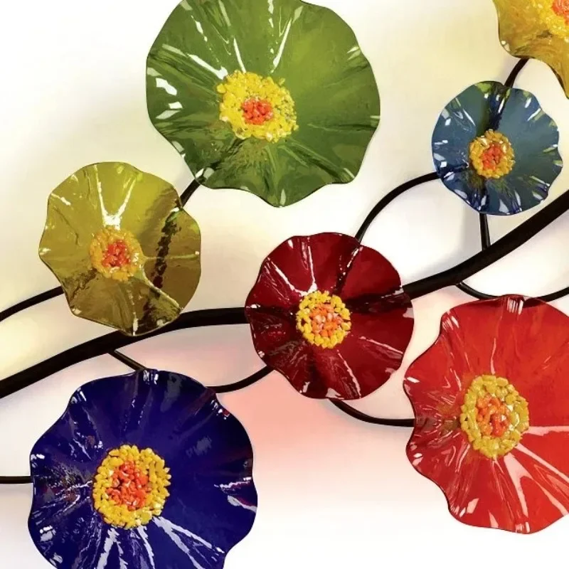 Metal Branch Flower Art Wall Decor Panel Vine Multicolor Stained Glass Floral Mural for Living Room Background