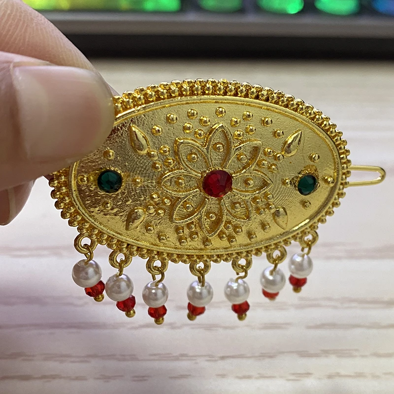 مشبك شعر ذهبي إثيوبي لهدية الزفاف ، ربطة رأس دبي ، لؤلؤة هبانشا ، حجر أحمر وأخضر ، دبوس دبي