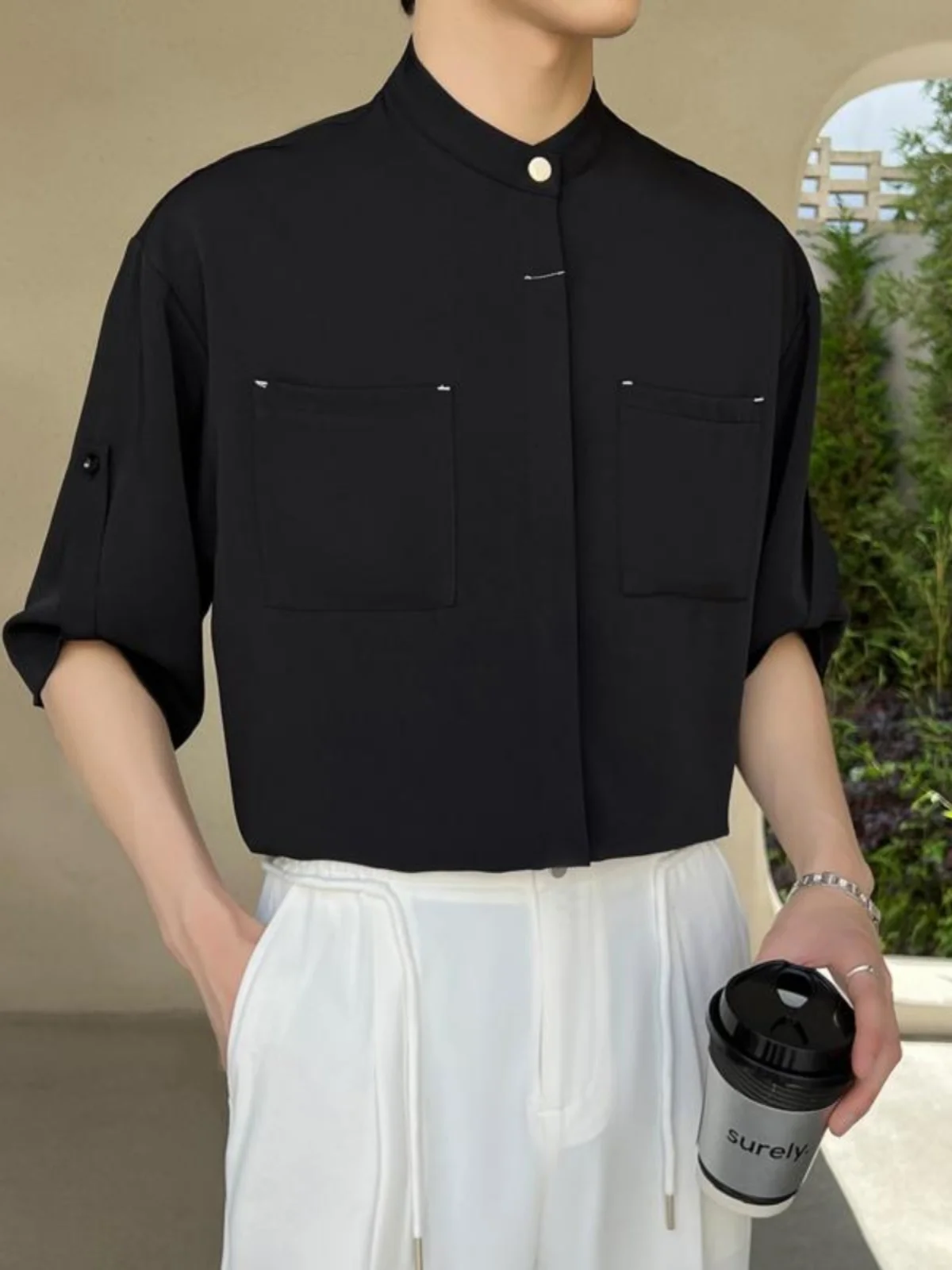 

Новая китайская мужская рубашка с коротким рукавом, свободного кроя, с воротником-стойкой, летняя, модная, премиум-класса, из ледяного шелка