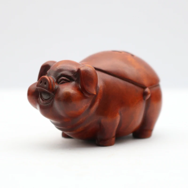 

1919 Антикварное искусство Размер 4,7 × 4,3 см Старая ручная резная самшит Дерево богатство бык Фигурка статуя Нецке Украшение стола Подарочная коллекция