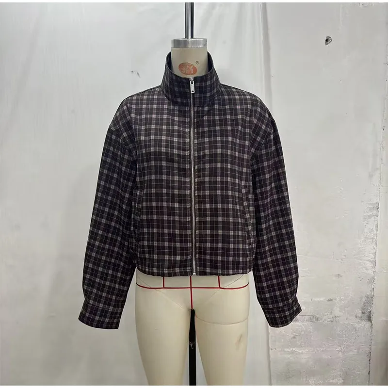 Damen-Culottes-Sets, karierte, langärmlige, übergroße Mäntel mit Stehkragen, plissierte Miniröcke, Herbst-Outfit für Damen, lockeres, paneliertes Outfit, Neu – Detail 1