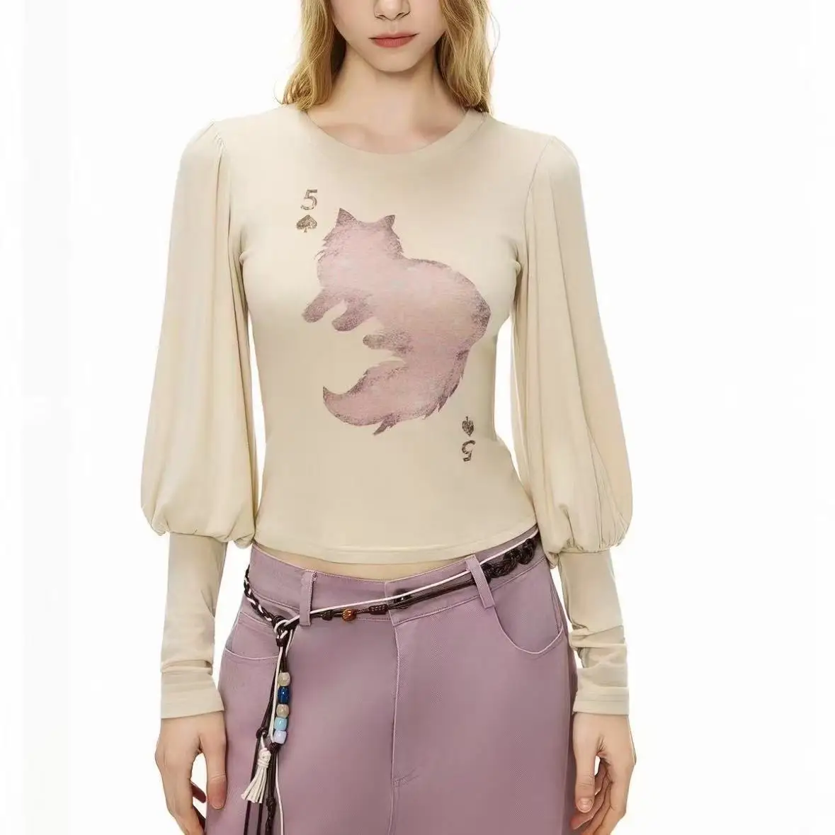 

Cat Spade Spring New American Retro Bubble Sleeve Slim Skinny T-Shirt Long Sleeve Printed Top Women