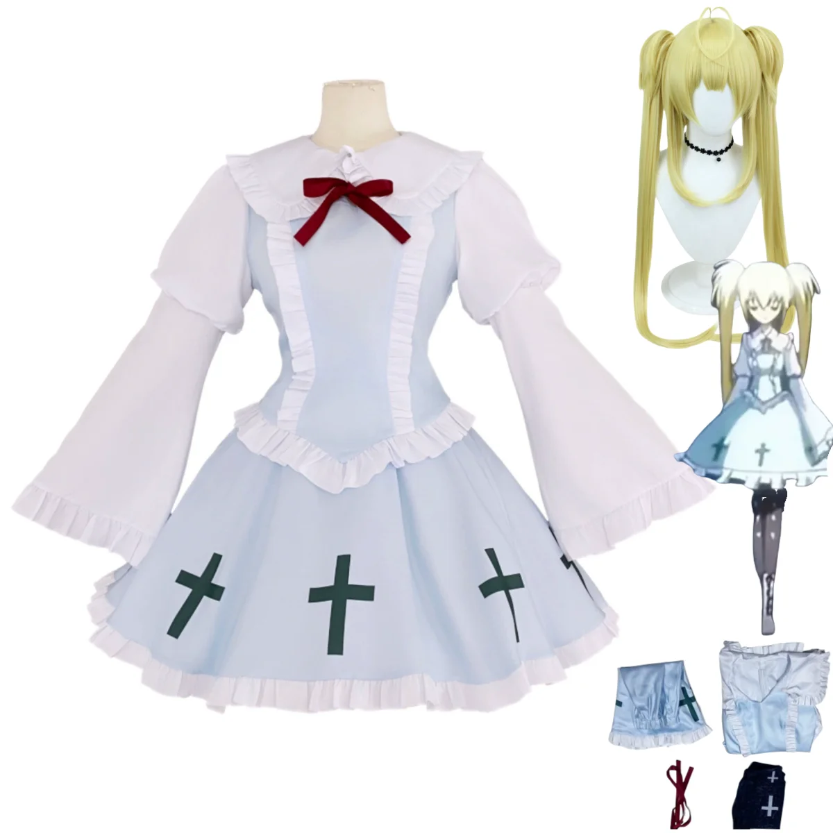 أزياء أنيمي شوجو شارا تسوكيومي أوتاو التأثيرية فستان الأميرة القوطي الأزرق والأبيض لوليتا شعر مستعار امرأة لطيف بدلة حفلة عيد ميلاد