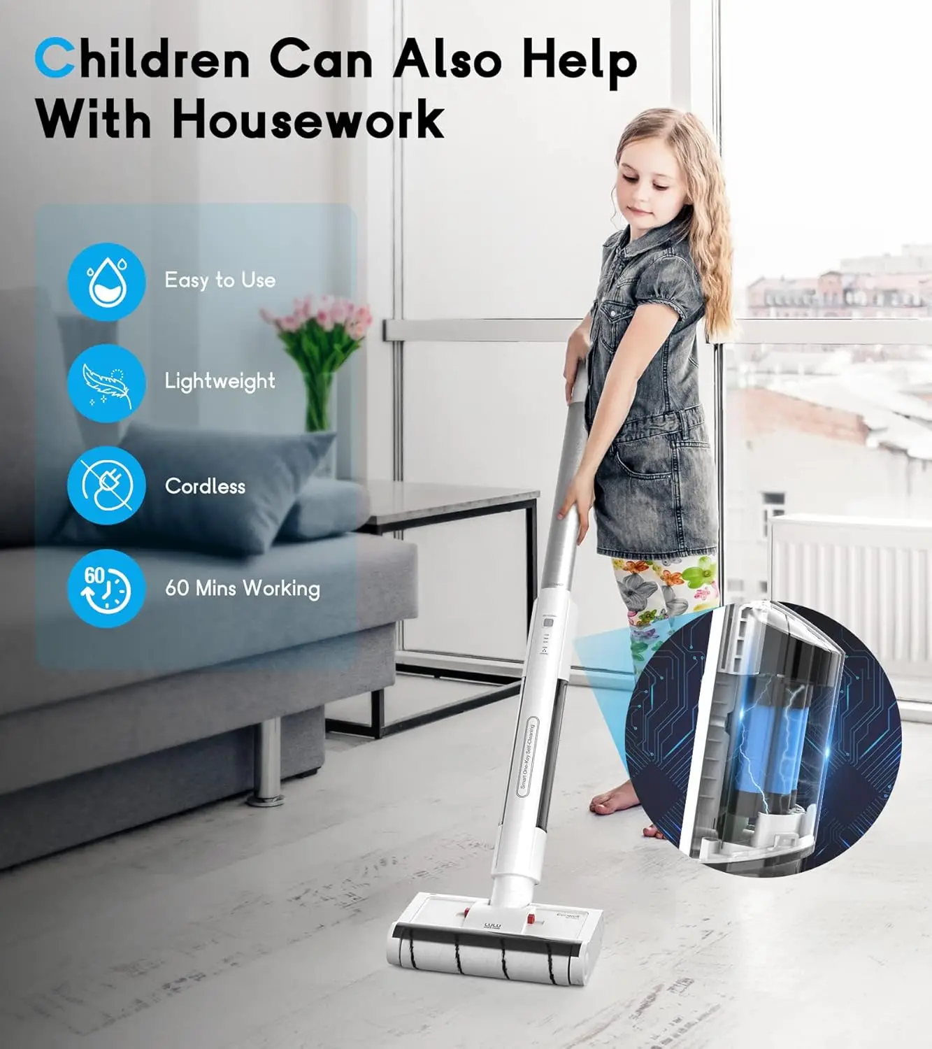 Cordless Electric Mop, Lightweight, 60 Minutes Long Running Time, Two Water Tank, Self Cleaning, Suitable for Hardwood Floors Ma