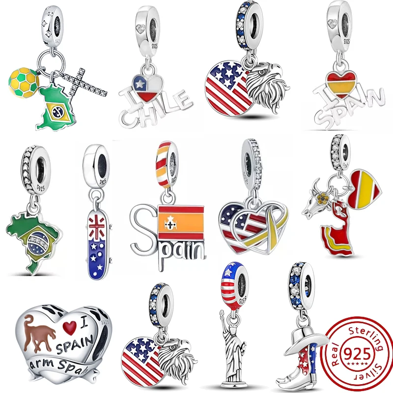 S925 Silver Country Dangle Brazil Chile Spain American Charms Fit Original Pandora Bracelet DIY Beads Jewelry Gift Drop Shipping