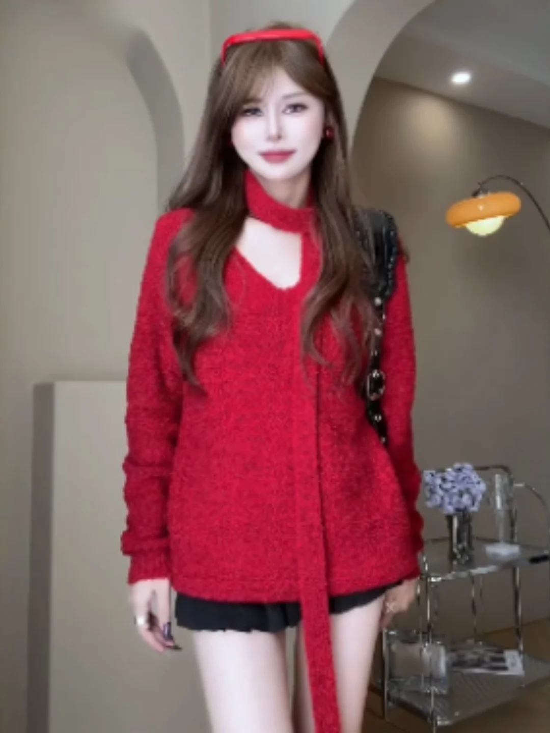 Laid-ba Red V-ne Sweater Women's Autumn Winter Hanging Ne Drifting Belt Knitted irt Unique Casual Very Attractive Top