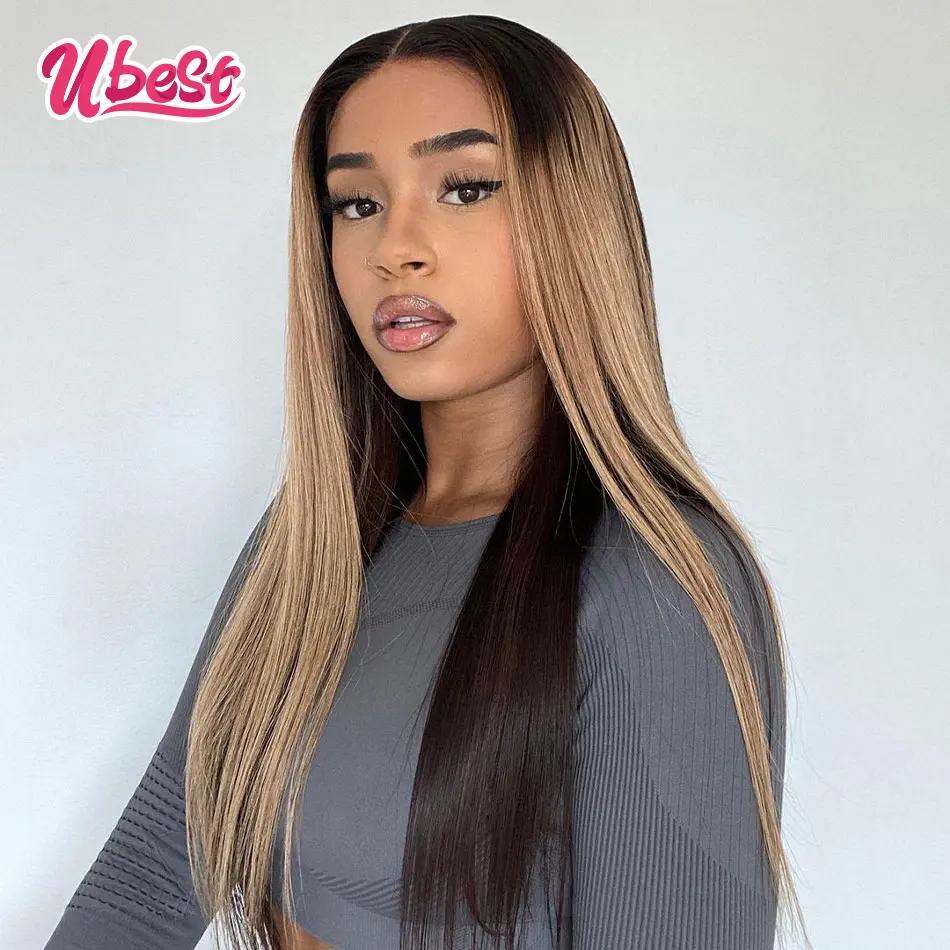 

Ubest 1b #27 Straight Lace Front Wig 13x4 Highlight Colored Human Hair Transparent Lace Frontal Pre Plucked Remy Wig For Woman