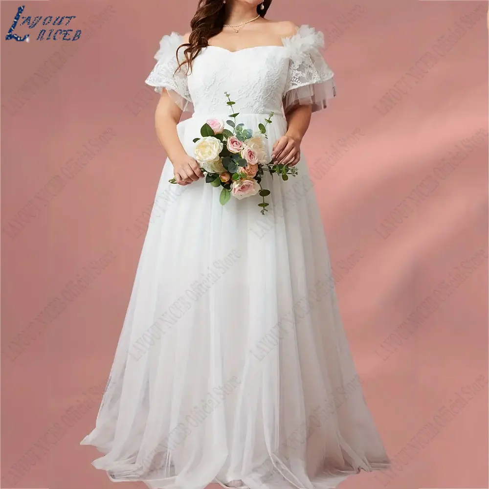 LAYOUT NICEB Plus Size A Line Lace Vestidos De Casamento Curto Batwing Mangas Vestidos De Noiva Backless Voltar Zipper Tulle vestidos de noviaLAYOUT NICEB Plus Size A Line Lace Vestidos De Casamento Curto Batwing Manga