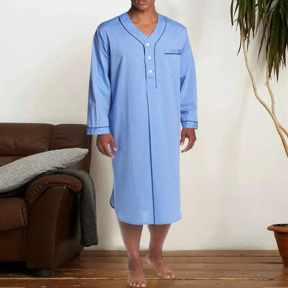 Men Night Robe Loose V Neck Long Sleeve Nightgown Solid Autumn Pajamas Soft Comfy Sleepwear Top Casual Homewear New