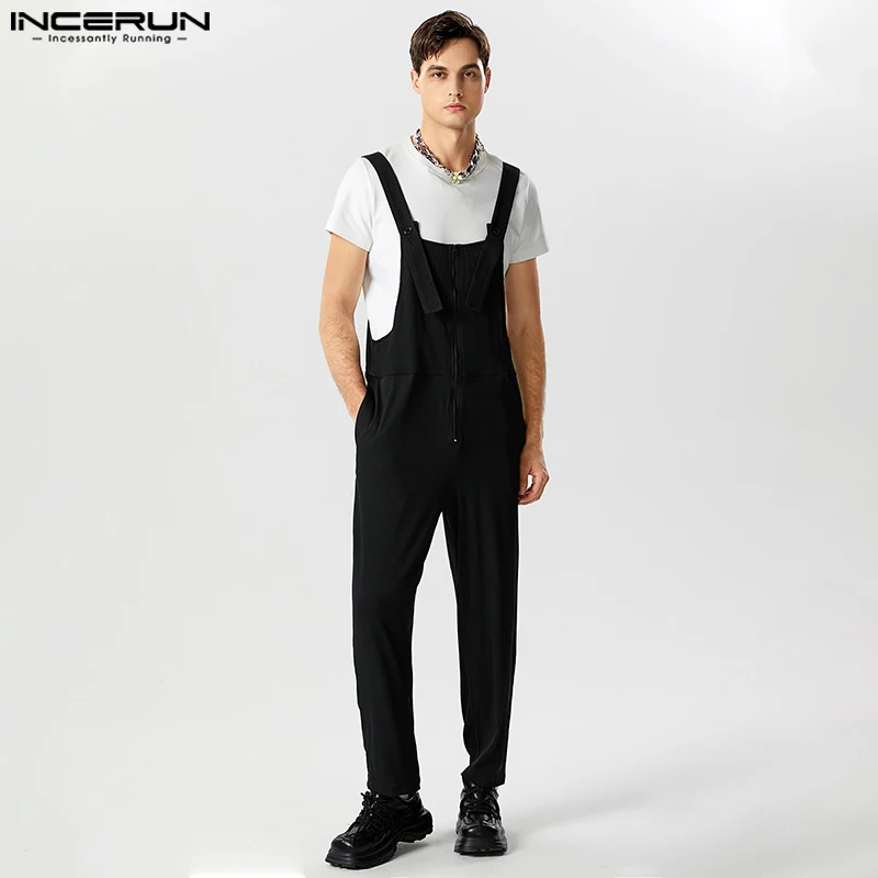 Stylish Well Fitting Bodysuits INCERUN Handsome Men's Pleated Striped Jumpsuits Casual Streetwear Solid Sleeveless Rompers S-5XL