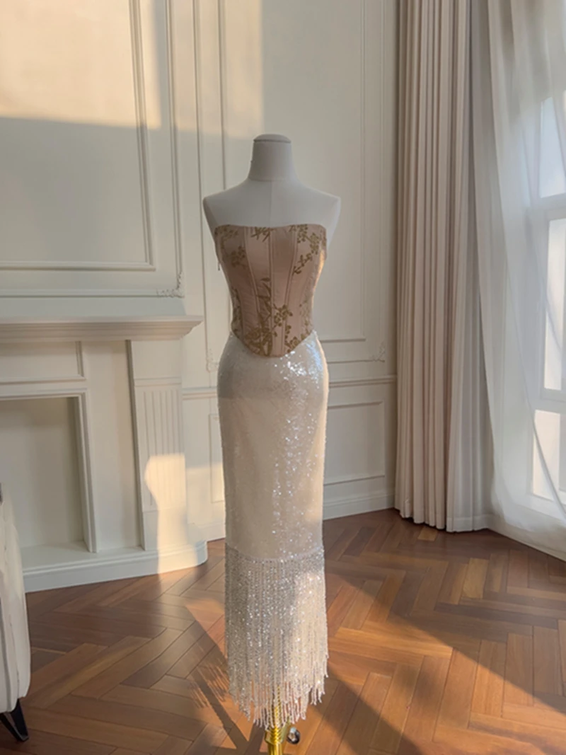 Ele Hoge Taille Slim Fit Kwastje Trim ter Ne Tweedelige Set Faion Klassieke Midi Rok Met Pailletten Sexy Chique Amber Top