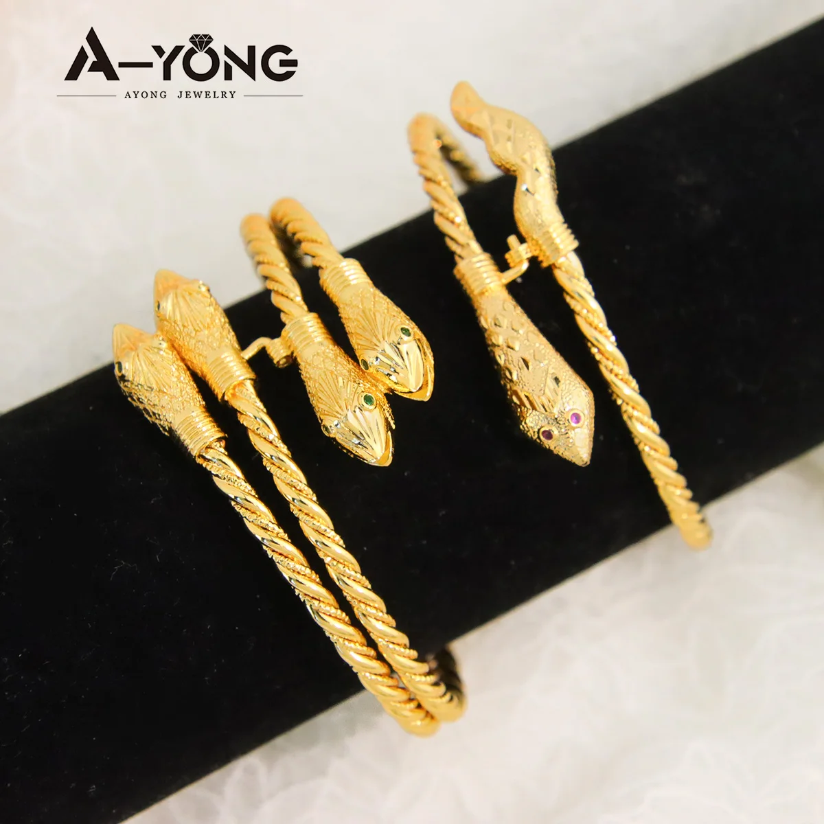 AYONG Gold Color Snake Twisted Cuff Bangles 21k Gold Plated Vintage Single Double Layer Bracelets Dubai African Luxury Jewelry