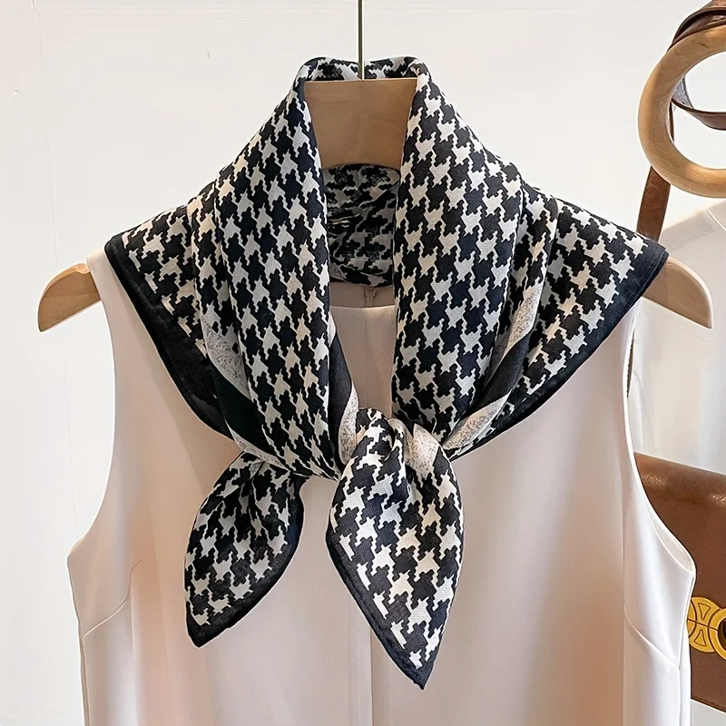 Elegant Polyester Square Scarf Women Houndstooth Print Fashion Scarf Soft Skin-Friendly Shawl Wrap Warm Windproof Square Towel