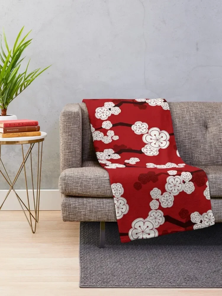 White Oriental Cherry Blossoms On Red | Zen Japanese Sakura Flowers ? fatfatin Throw Blanket Beautifuls Hairys Blankets