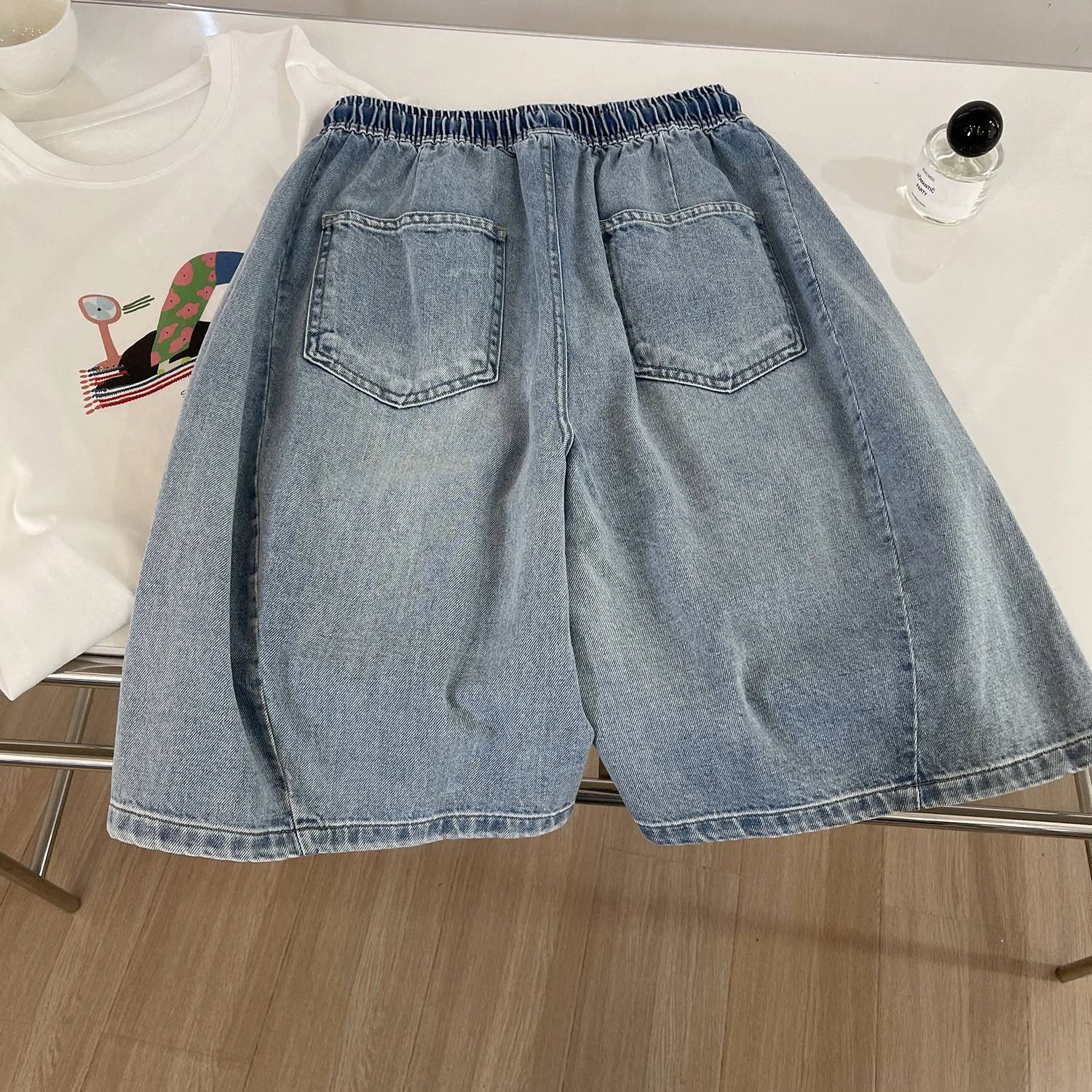 Jean en Denim délavé rétro pour femmes, ample, confortable, épissage élastique, taille haute, short décontracté, polyvalent, jambes larges, demi-pantalon