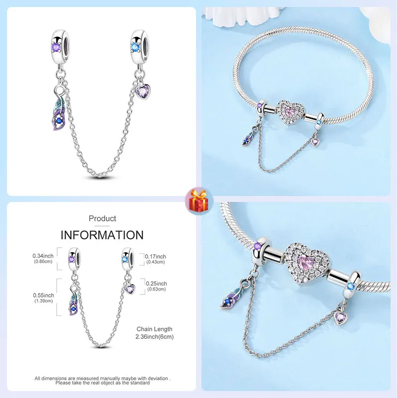 Symbols Beads 925 Sterling Silver Blue and Purple Lucky Feather Heart Shape Safety Chain for Women's Jewelry DIY Pulseras Gift