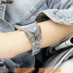 Denim Strap For Apple Watch Series 11 10 9 8 7 6 SE 5 UItra iWatch 49/46/45/44/42/41/40/38mm Vintage Butterfly Studded Bracelet