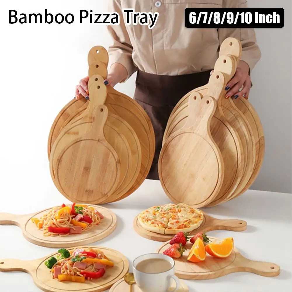 1Pcs Stone Cutting Bamboo Pizza Tray 6/7/8/9/10 Inch Platter Wooden Pizza Board Cake Bakeware Round with Handle Baking Tray