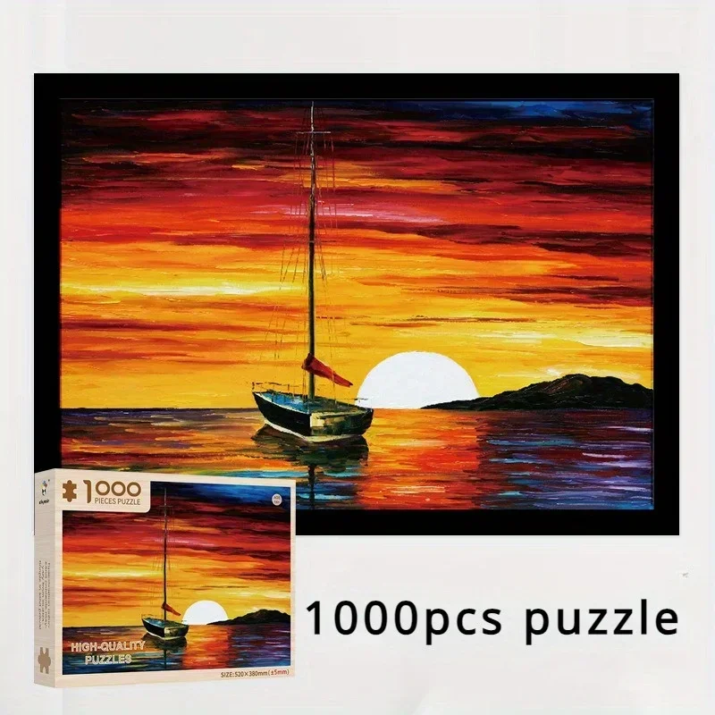 Adult 1000 Pieces Wooden Puzzle Sunset and Boat Jigsaw Famous Oil Painting Home Decor Christmas Birthday Gifts Leisure Toys