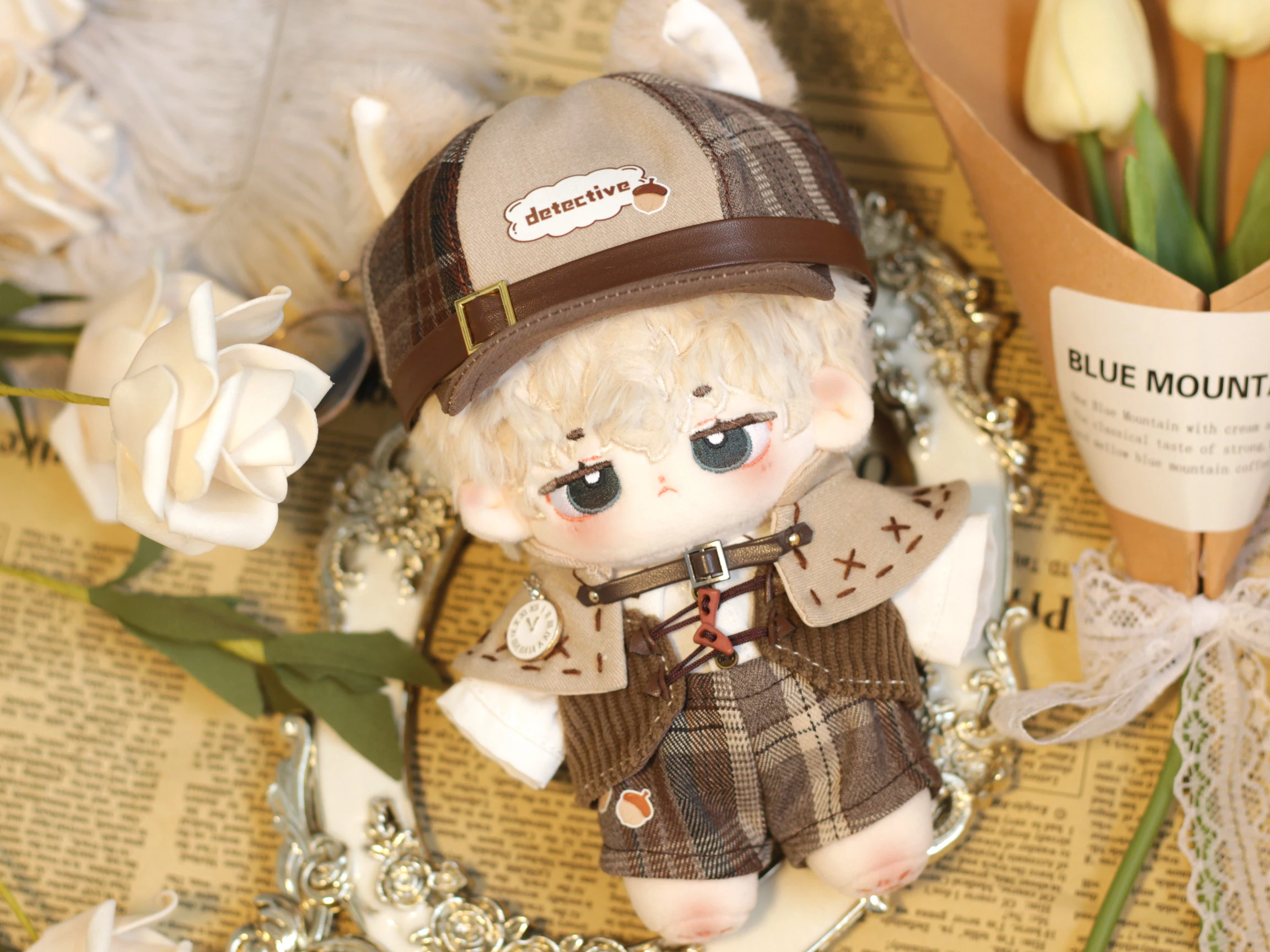 Handsome Officer Detective Commander Retro Brown Uniform Outfit Cosplay For 15cm Plushie Cotton Doll Clothes Clothing  Accessori