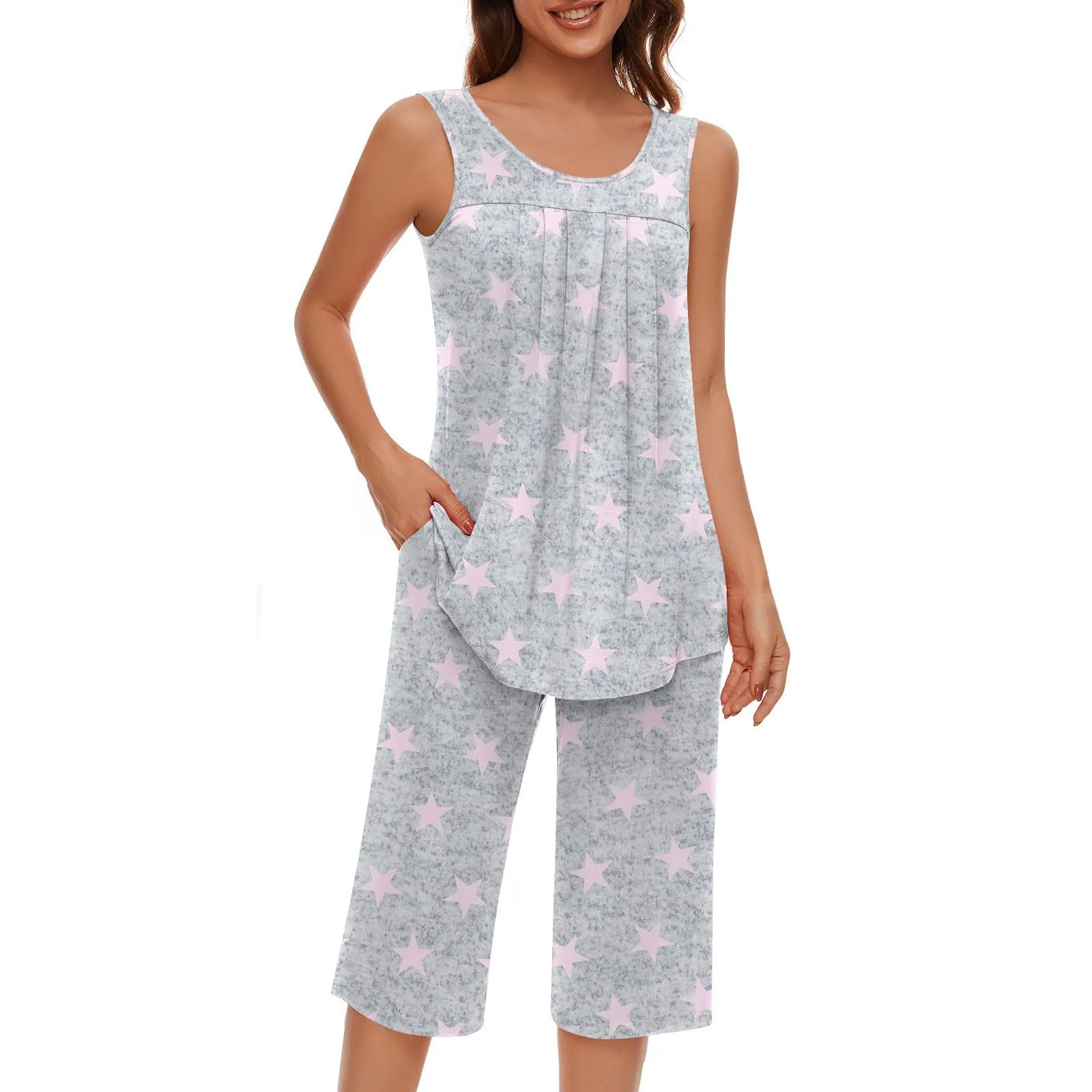 Conjuntos de pijamas femininos macios sem mangas regatas calças capri com bolso loungewear conjuntos pijamas verão doce camisola