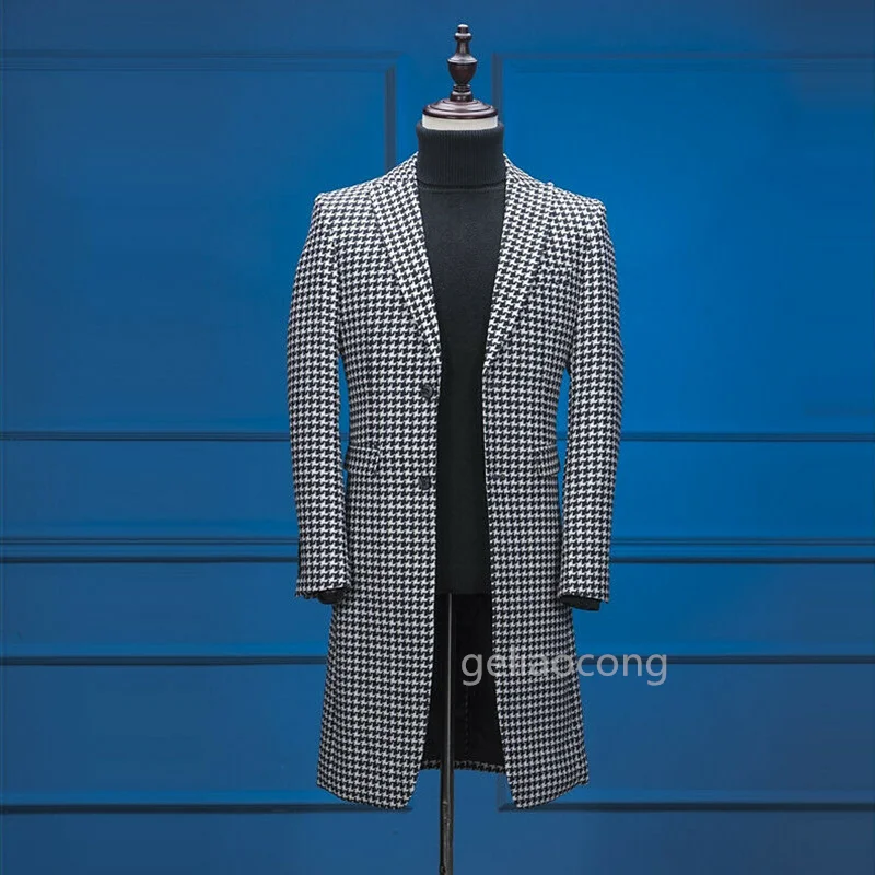 British Style Men Suits Houndstooth Men Suits Single Breasted Casual Groom Tuxedos Peaked Lapel Blazer Plaid Business Long Coat