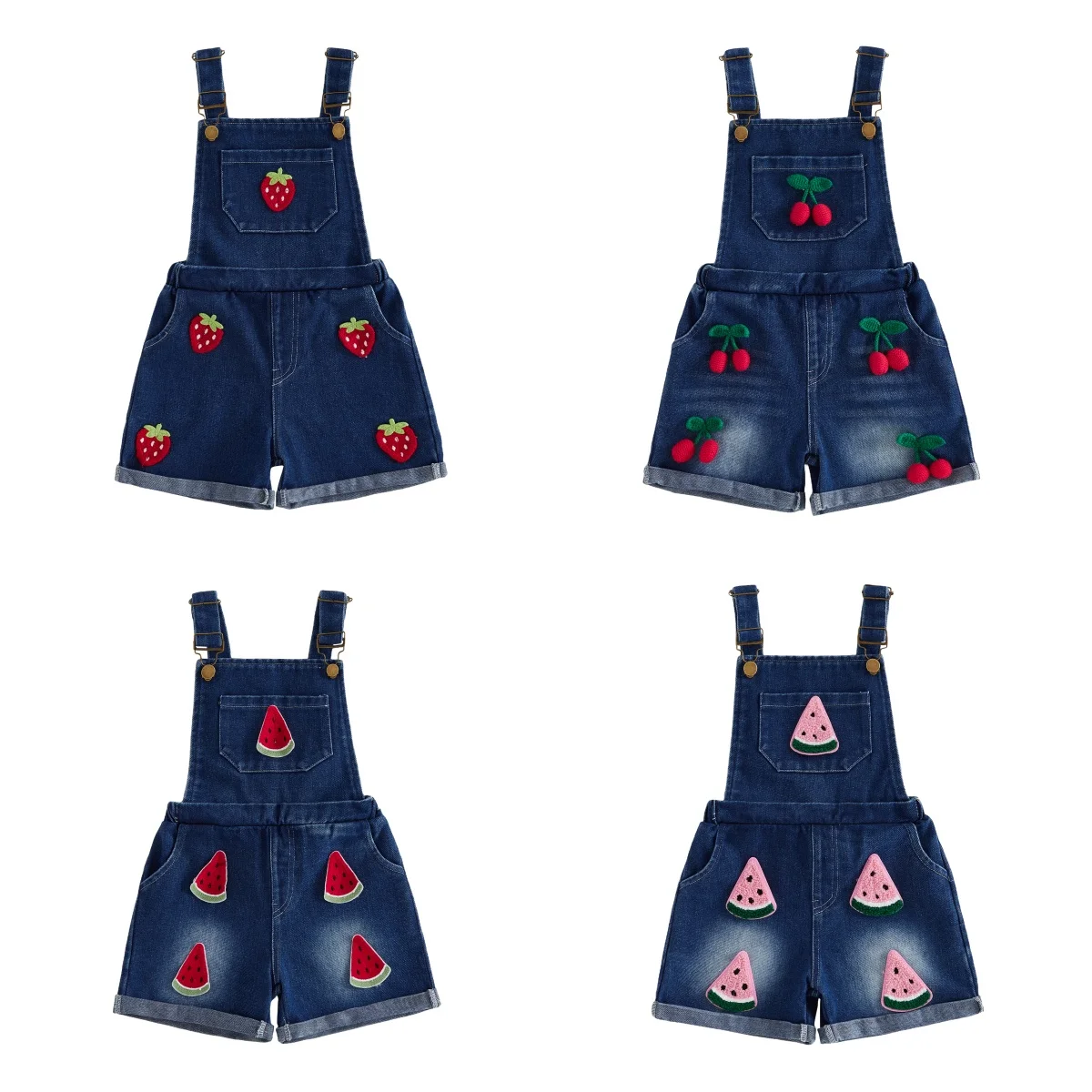 Toddler Girls Denim Shorts Overalls Strawberry/Walermelon Print Sleeveless Romper with Adjustable Shoulder Strap Summer Outfits
