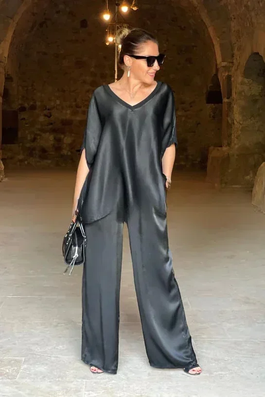 2024 Spring Satin Oversize Women Suit Black V-neck Tops Long Pants Loose Suits Female Autumn New Casual Trendy Ladies Clothes