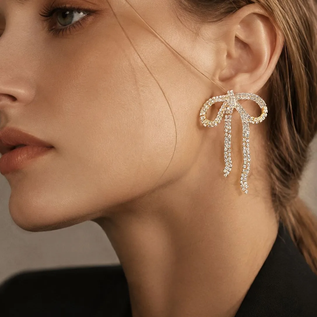 Modern Bowknot Earrings Draping Ribbon Ear Jewelry Sparkly Statement Earring Feminine Party Accessory Chic Daily Wear