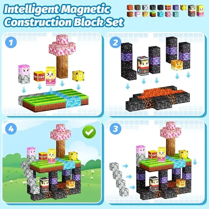 Magnetic Building Blocks Mine World Magnet Cubes Forest Set for Boy Girl Kid Age 3+ DIY Model Children STEM Sensory Toy Gift