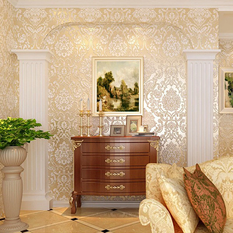 

10m Thickened 3D Flocking Golden Wallpaper Hotel Room Living Room Bedroom Non-woven Wallpaper Embossed Decorative Wallpaper 2024