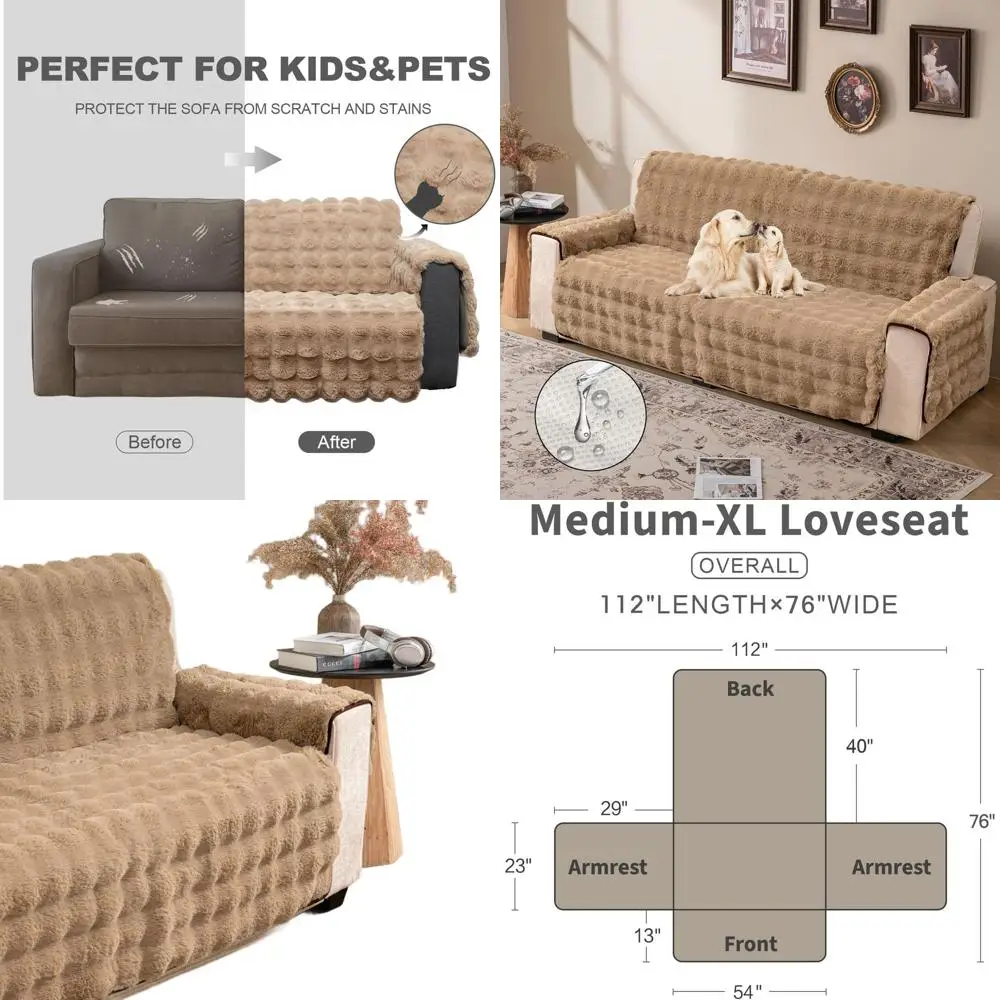 Waterproof Shaggy Faux Fur Couch Cover, Non-Slip Sofa Protector for Pets and Kids, Light Brown Bubble Medium-XL Loveseat