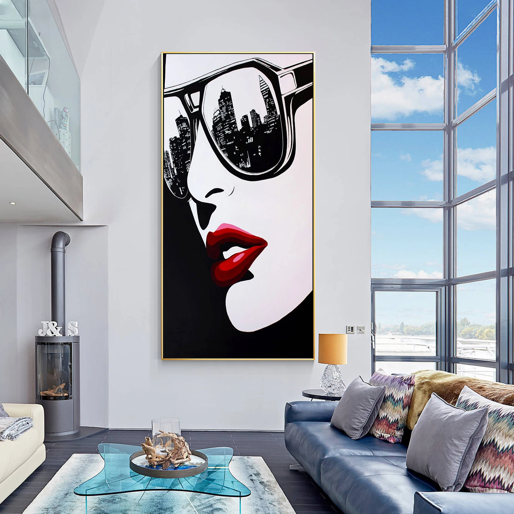 

Graffiti Painting on Canvas, Long Vertical Wall Art Decor, Modern Livingroom Wall Art, Sunglasses Girl Face Portrait Painting