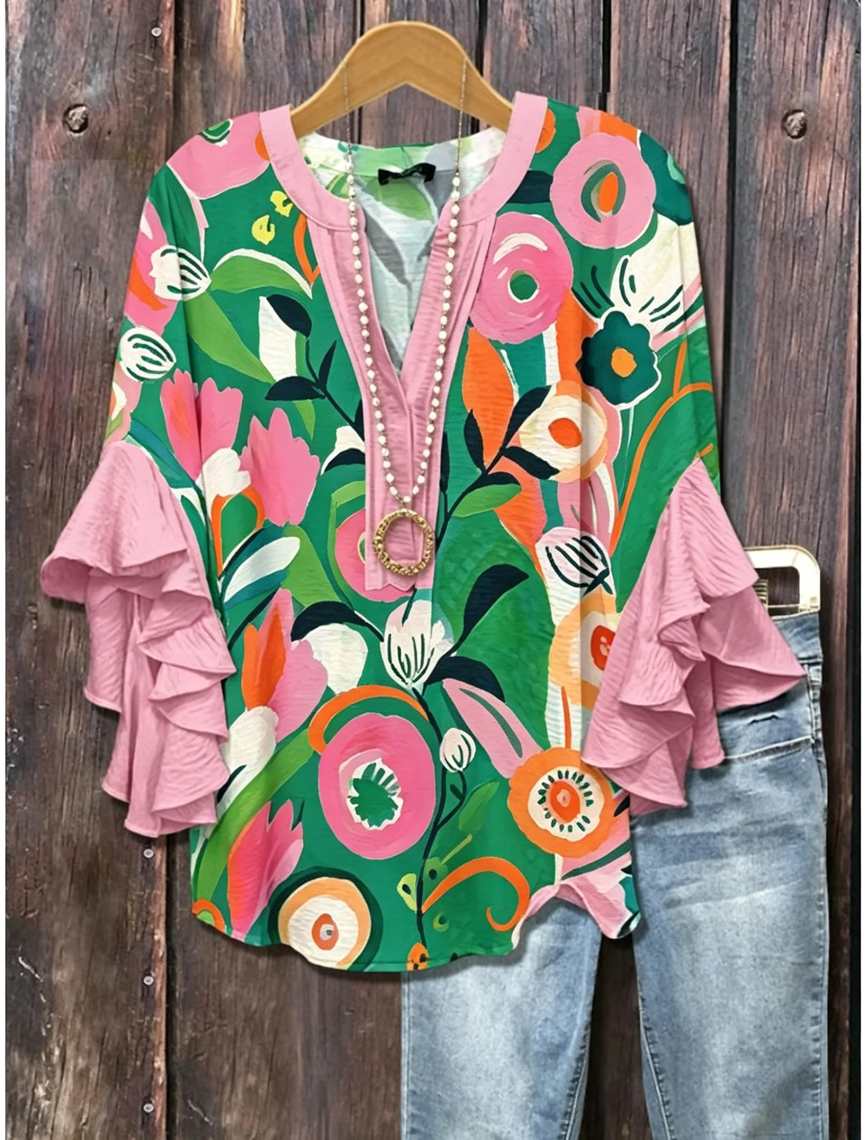 Colorful Floral Ruffle-Sleeve V-Neck Blouse product image