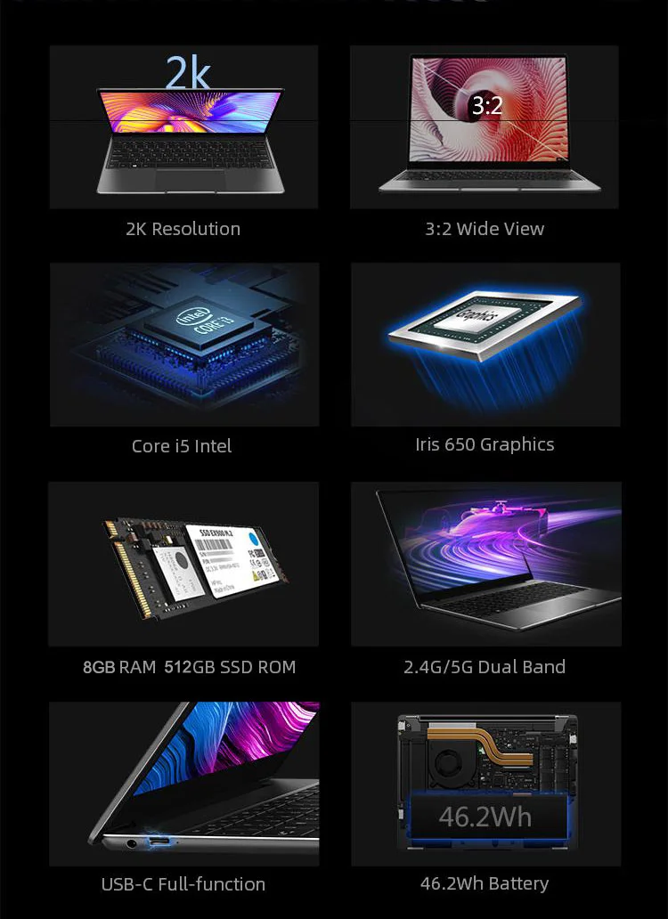 CHUWI CoreBook X Laptops 8/512GB  Core I5-8259U Win 10  NoteBook 2160*1440 IPS 14 Inch 11.55V/4000MA Professional Laptop PC