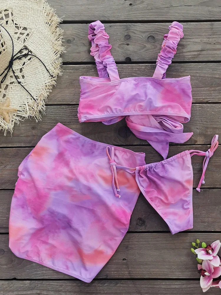 

Sexy Laced Up Tie Dye Bikini Skirt 3 Piece Set Women Split Swimsuit High Waist Beach Bikini 2025 New Summer Swimwear Bikinis Set