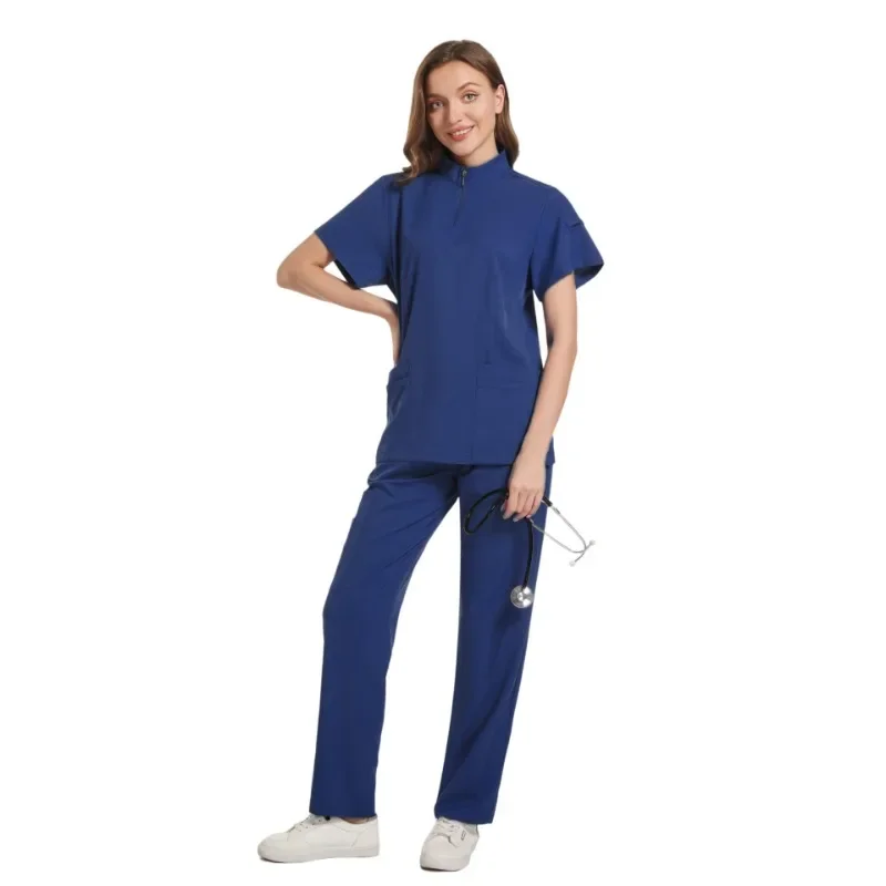 Zipper Mandarin Collar Nurse Uniforms for Women 4 Way Stretch Medical Scrub Set with Straight Pants for Operating Room 481