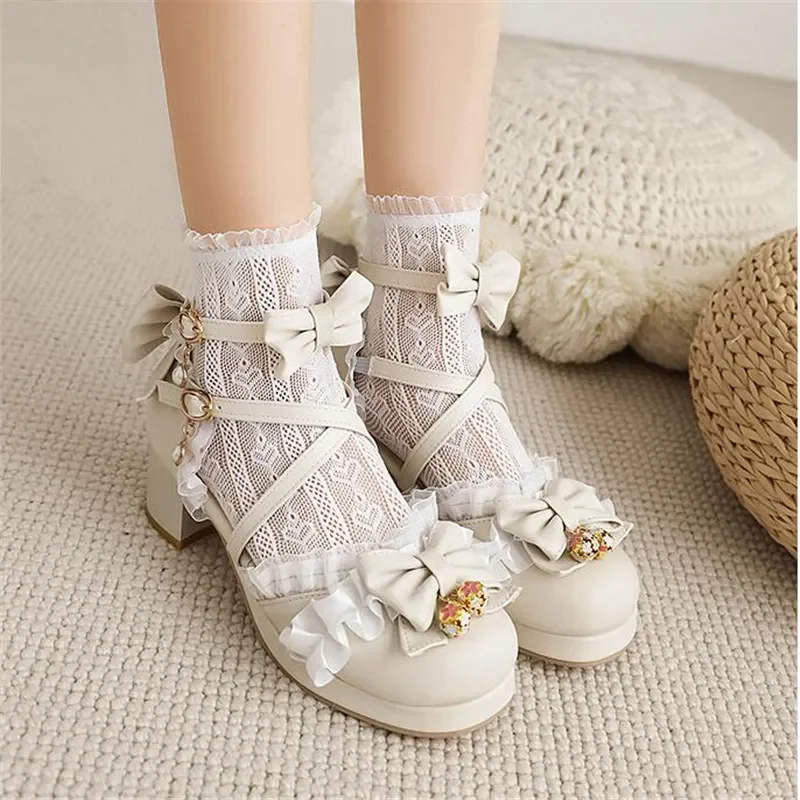 

Children Girls Lolita Shoes High Heels Leather Shoes Princess Bow Thick Heel Kids Wedding Shoe 5CM