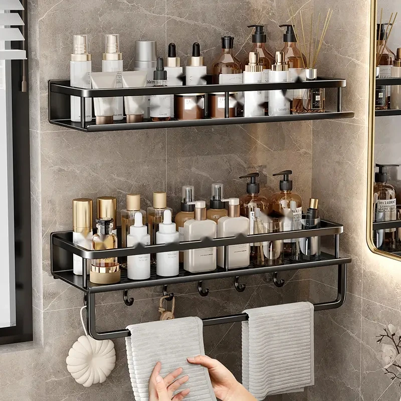 1 Piece Bathroom Shelf Sink Shampoo Bottle Cosmetics Storage Rack Towel Cloth Hook Space Saving Aluminum Rack Wall-Mounted Home