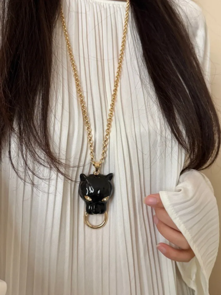 Vintage Emaille Leopardenkopf Anhänger Halsketten für Damen und Herren, Übertriebene Metallkette, Dicke Pulloverkette, Modisches Accessoire – Detail 11