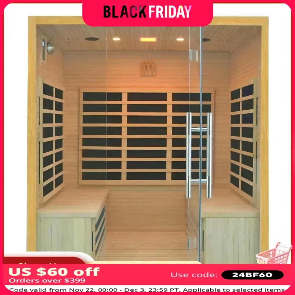 Far Infrared Sauna,11 Low EMF Far Infrared Carbon Panels with Tempered Glass Door 3-4 Person Hemlock Indoor Home Sauna Room