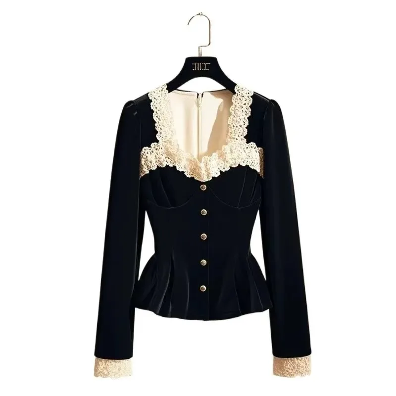 French Stunning Square Neck Lace Splicing Golden Velvet Top Women's Winter New Light and Mature Niche Design Waist Vintage Shirt
