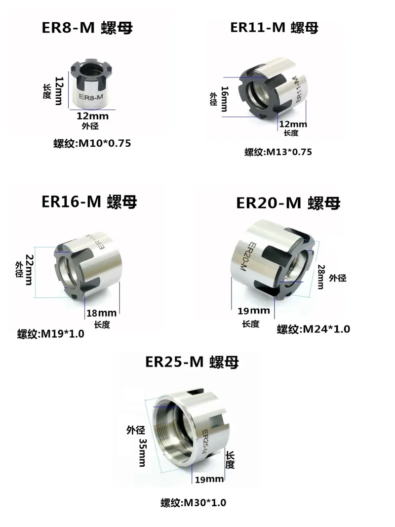 ER8M ER11M ER16M ER20M Pinza per incisione del router CNC Dado esagonale di serraggio, per pinza per fresatura per tornio CNC Porta mandrino