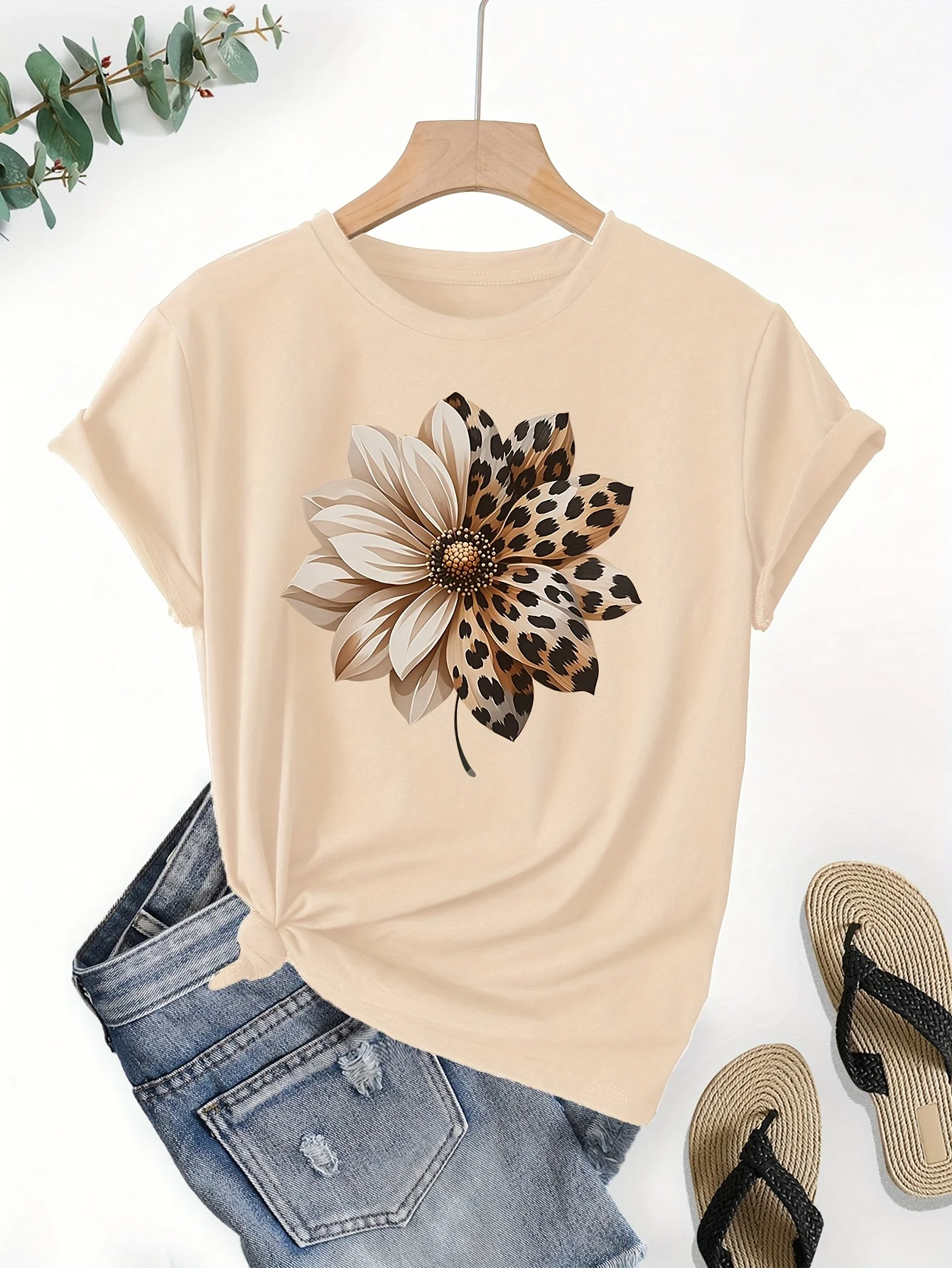 New women's retro floral and leopard print round neck short sleeved T-shirt casual and holiday wear Urban Style Printed T-Shirt