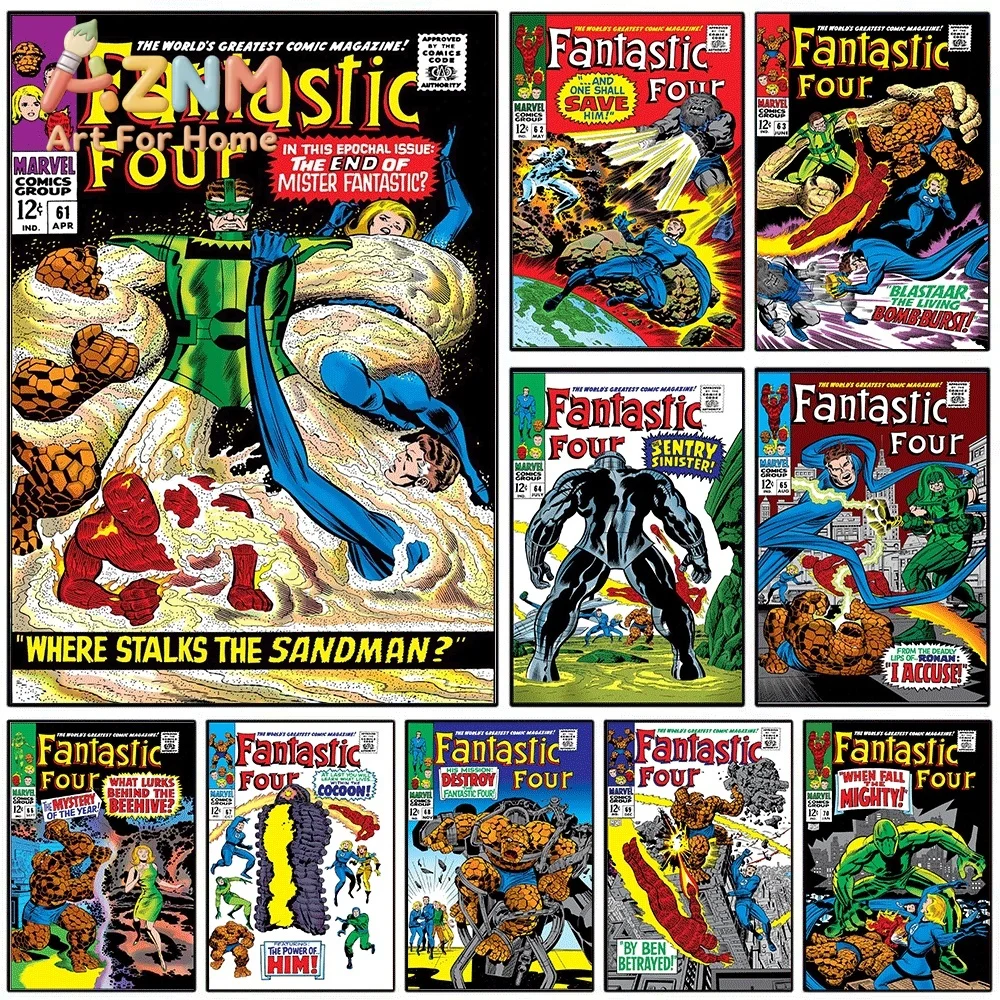 AZNM Fantastic Four Where Stalks The Sandman Vintage Comic Cover Collage Canvas Wall Art Unframed Print, Superhero Poster for