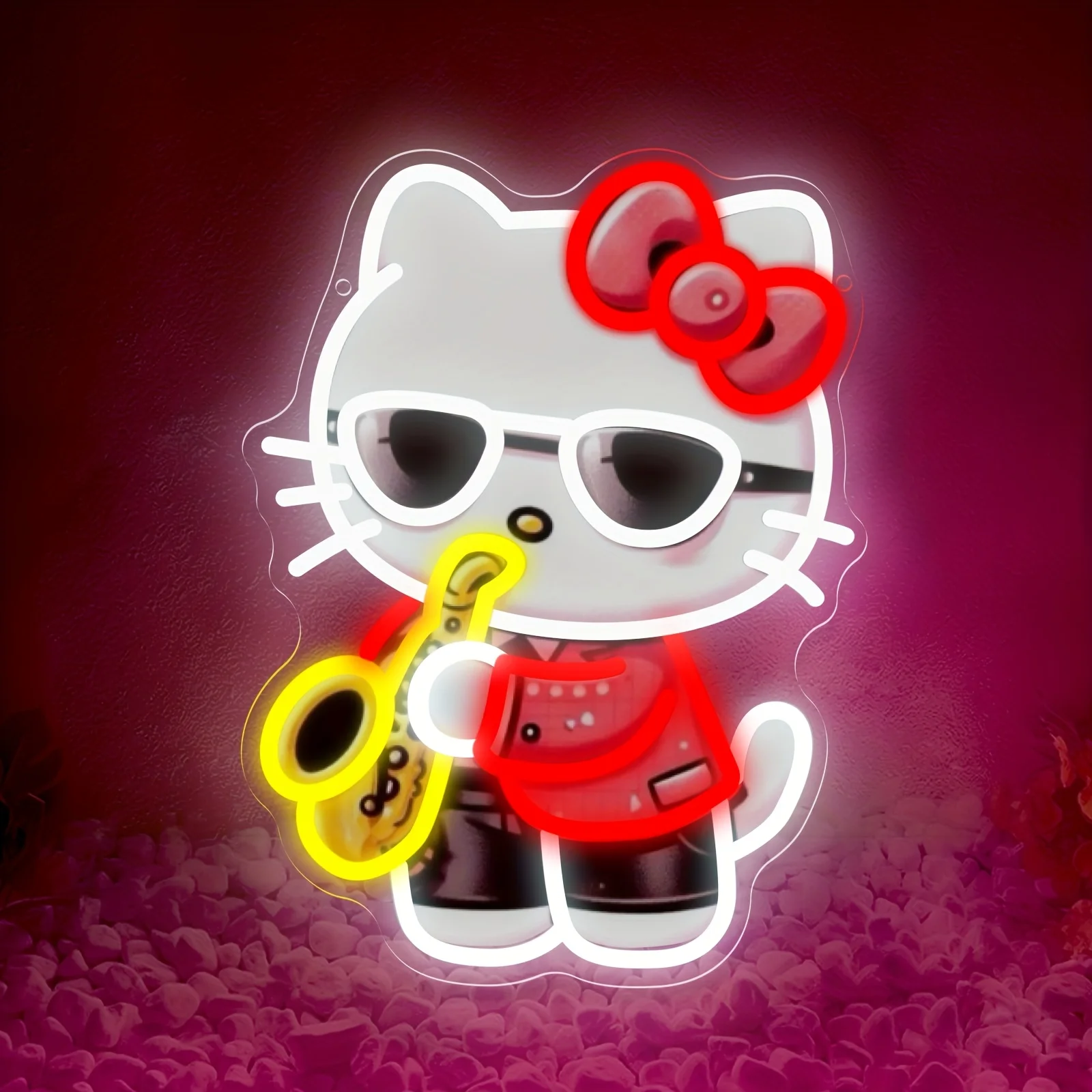 

Неоновая вывеска Hello Kitty, играющая на саксофоне, аниме-светильник Sanrio, с регулируемой яркостью, для спальни, музыкальной студии, клуба, вечеринки, декора, подарка на день рождения
