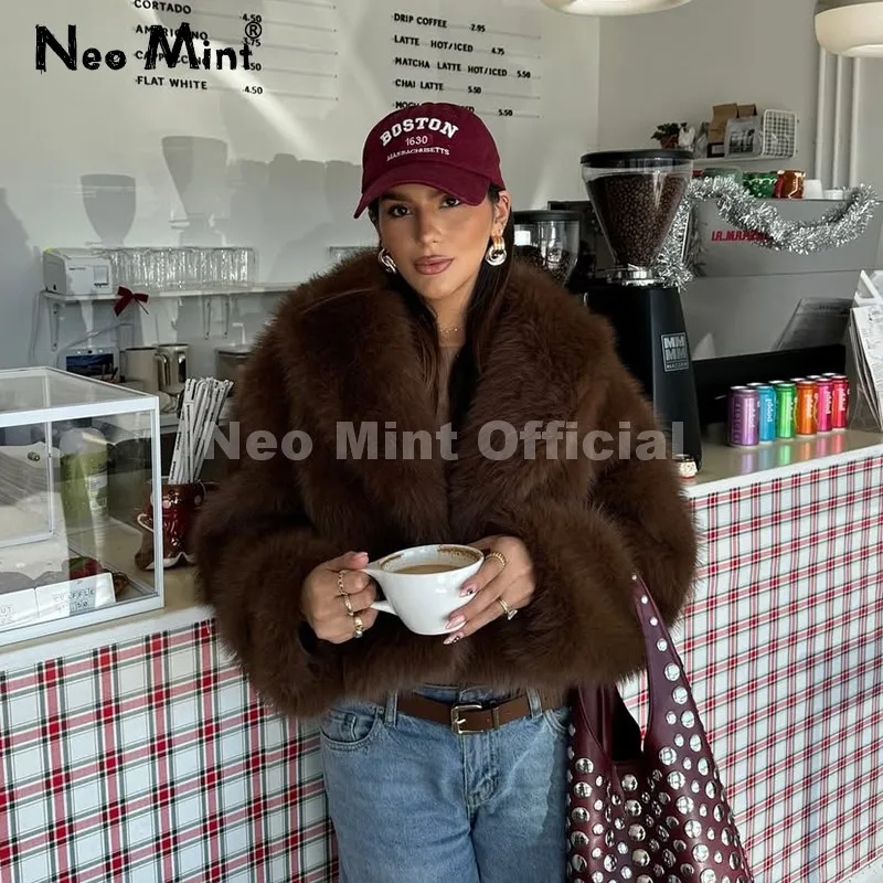 

Neo Mint Winter 2025 Trendy Brown Obsession Cropped Shawl Collar Faux Fur Coat Women Jacket Chic Girls Brand Fox Fur Outerwear