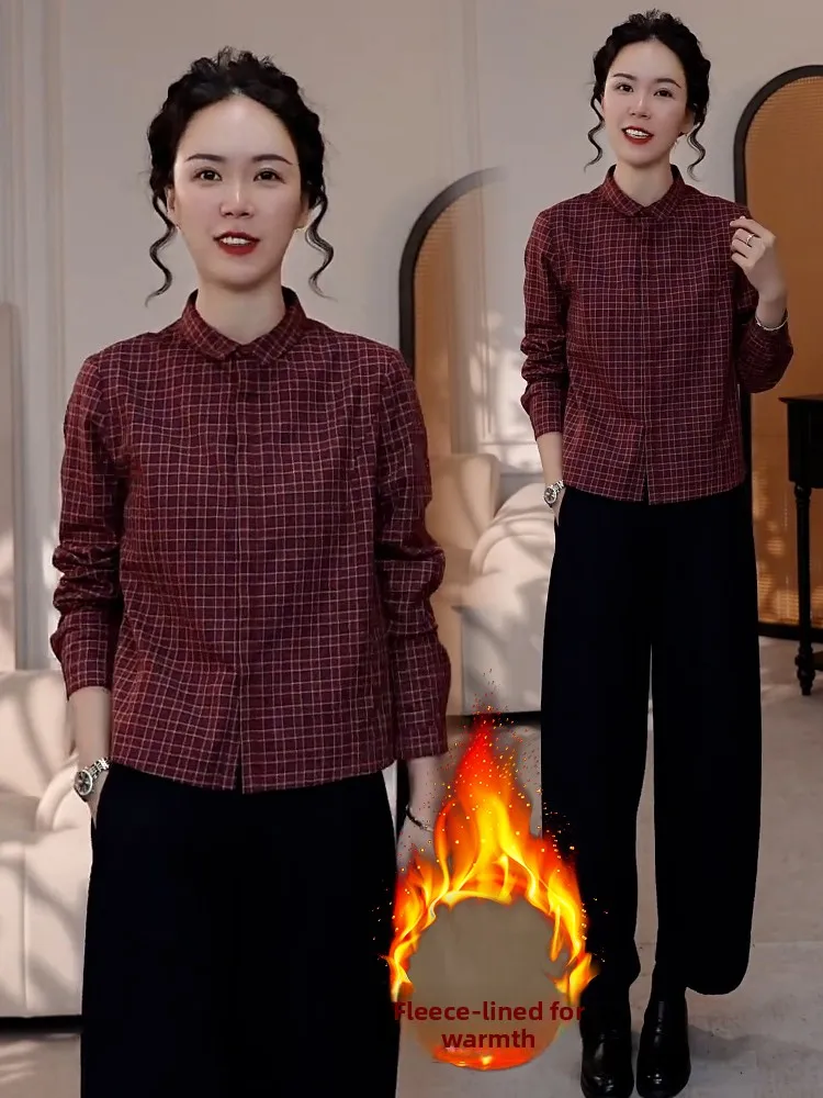 

Faionable Fce Lined Thi Long Sve Women's irt Vintage Sle Warm Top for Winter Streetwear Casual Collar