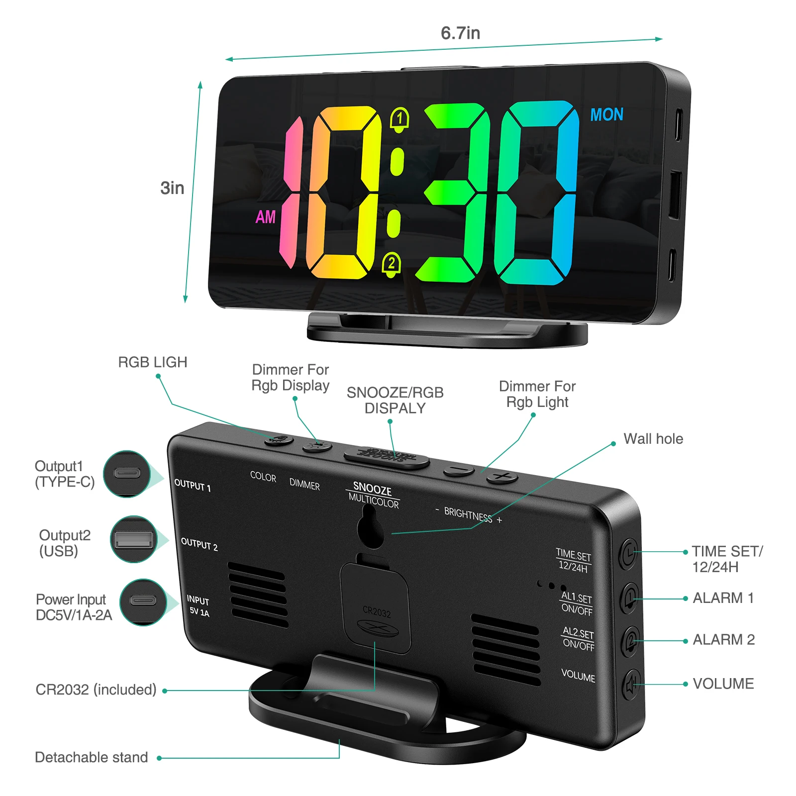 ORIA Reloj Despertador Digital LED RGB con luz nocturna ambiente regulable - imagen 4