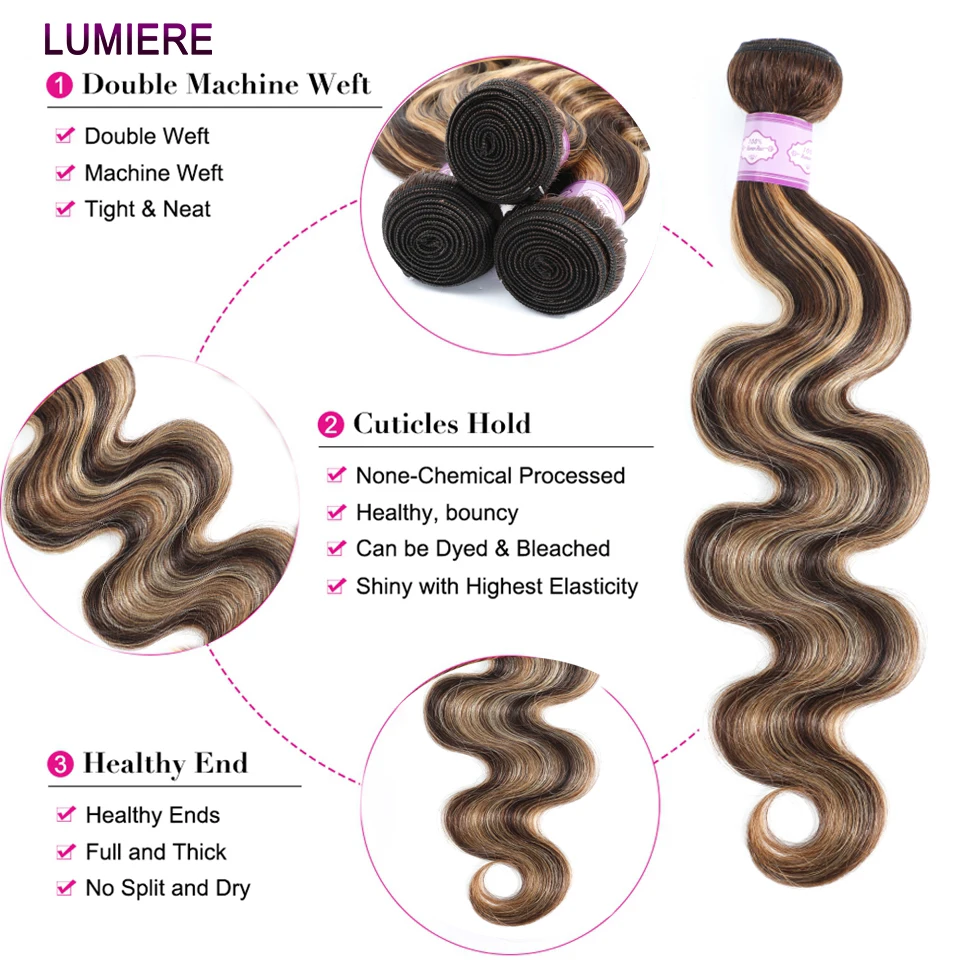 P4/27 Highlight Body Wave 3/4 Human Hair Bundles With Lace Closure Frontal 5x5 HD Pre-Plucked Peruvian Raw Himan Hair Extention